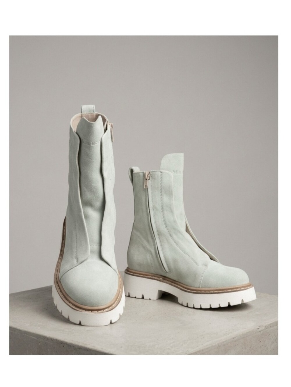 Premium Quality Genuine Leather Suede Light Green Ankle Boots White Lug Sole